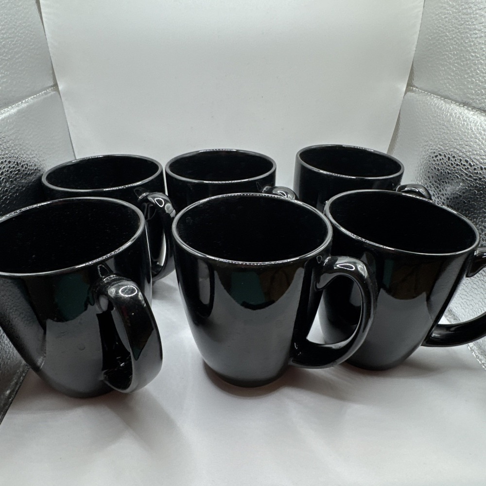 6 Corelle Stoneware Mugs 4" Durable 12Oz Solid Urban Black Noir Classic Cafe EUC